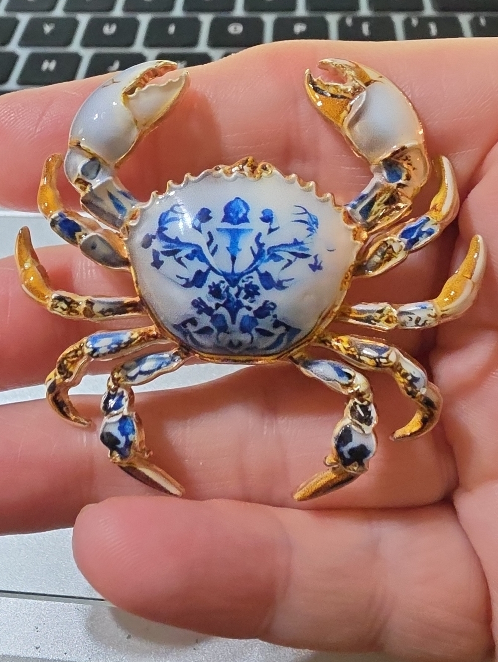 A168- Gold and Blue Porcelain Crab Brooch - Women Jewelry